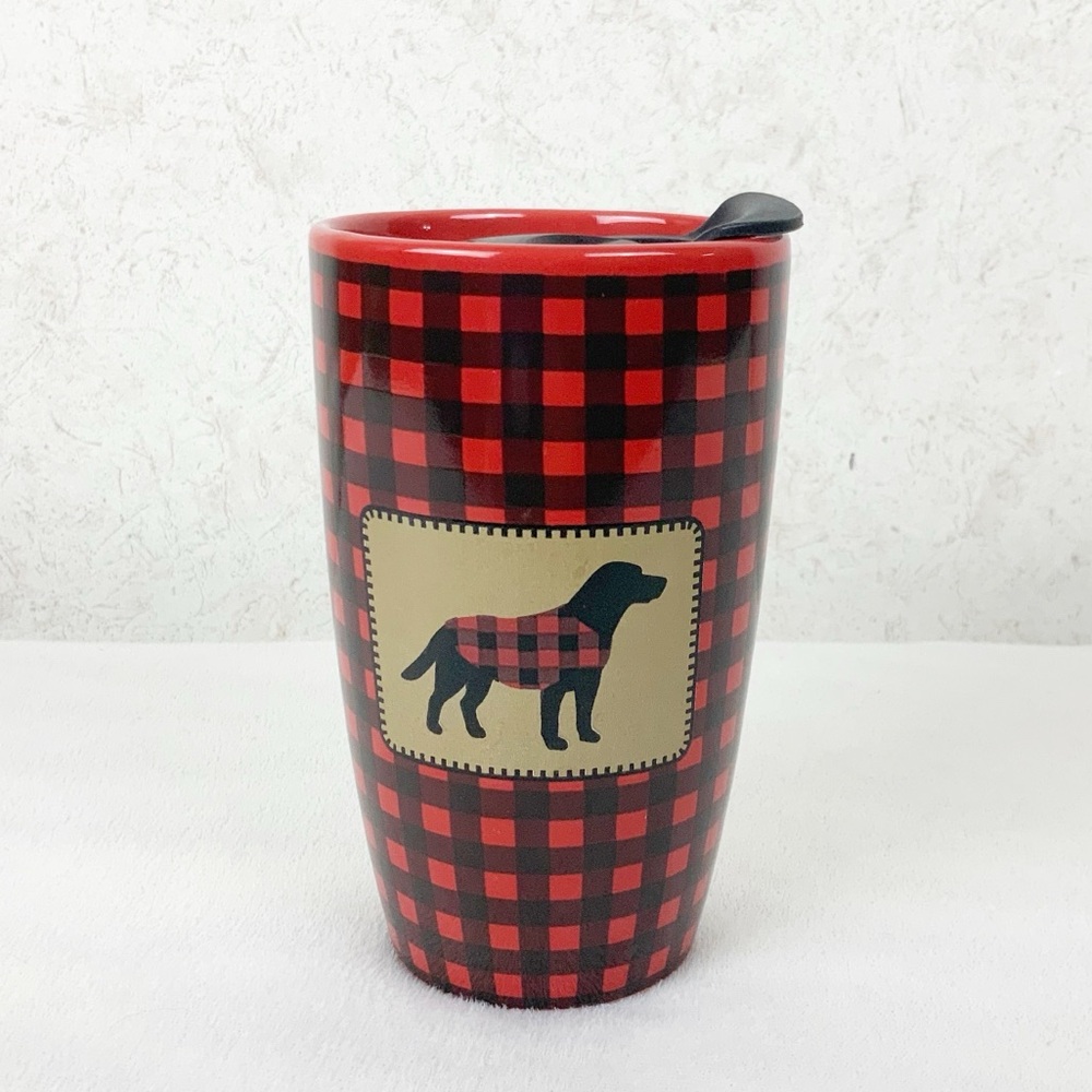 Modern Gourmet Foods Stoneware Dog Plaid Travel Mug 16 Oz Black Lab